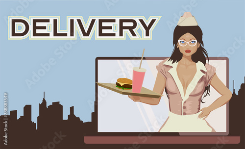 Delivery food. Waitress with the tray. City and laptop 