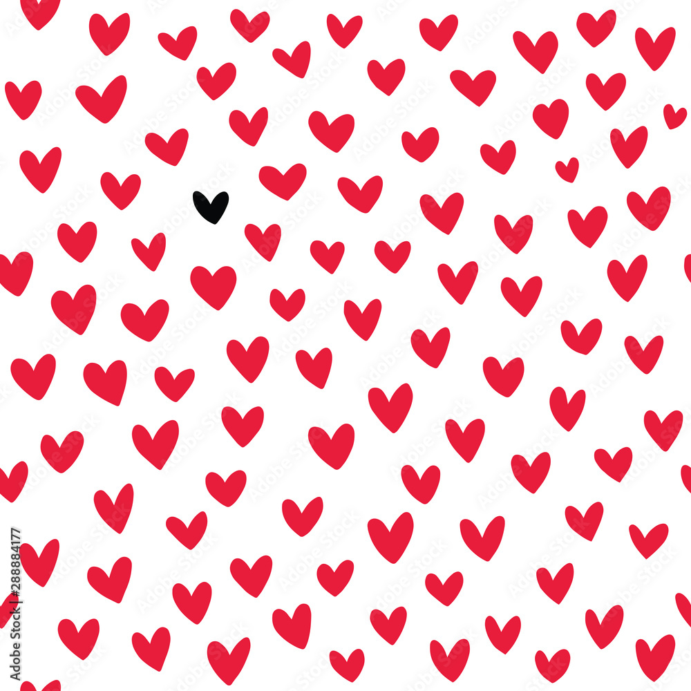 Hand drawn red hearts seamless pattern. Vector illustration on white background