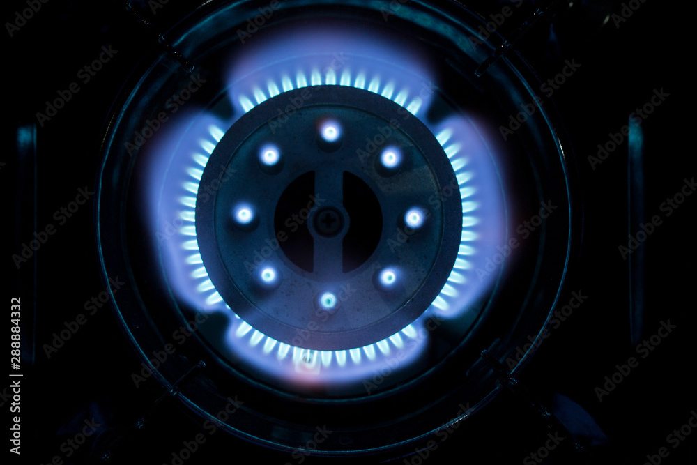 Kitchen gas stove in a kitchen burning gas. Blue fire in gas burner