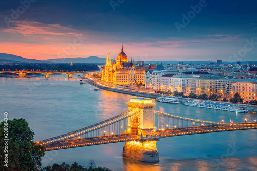 Budapest, Hungary. Aerial cityscape image of Budapest with Chain Bridge and parliament building during summer sunset.
