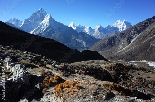 Everest trek. Morning view of Ama Dablam (6856 m) from Dughla (4620 m) in Himalayas mountains, Sagarmatha national park, Solukhumbu, Nepal