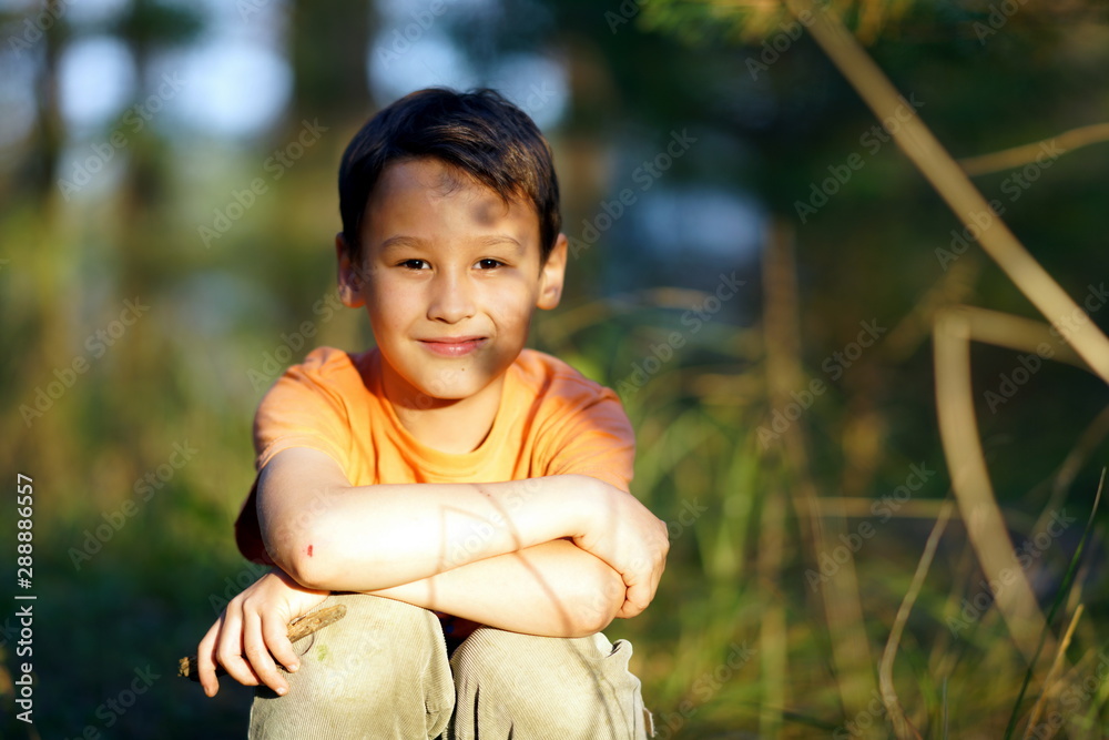 happy boy outdoors in autumn forest happy boy outdoors in autumn forest