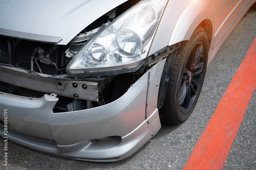 Close up crash car broken and scratch accident .insurance helping repair service maintenance waiting mechanic examining, Safety inspection test before driving on road, Transportation vehicle service