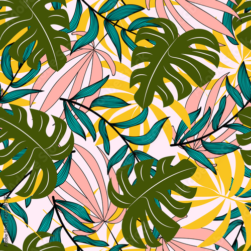 Seamless pattern with colorful leaves and plants. Exotic Wallpaper. Beautiful seamless vector flower pattern. Modern abstract design for fabric, paper, interior and other cover users.