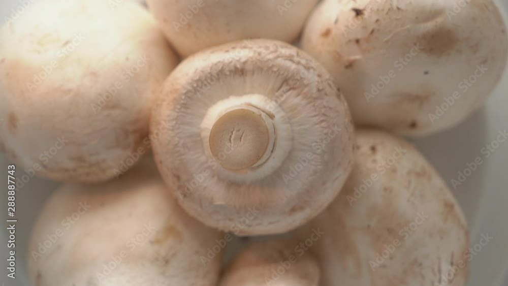 Fresh raw white champignon mushrooms rotating close-up top view. Fresh raw white champignon mushrooms rotating close-up top view.