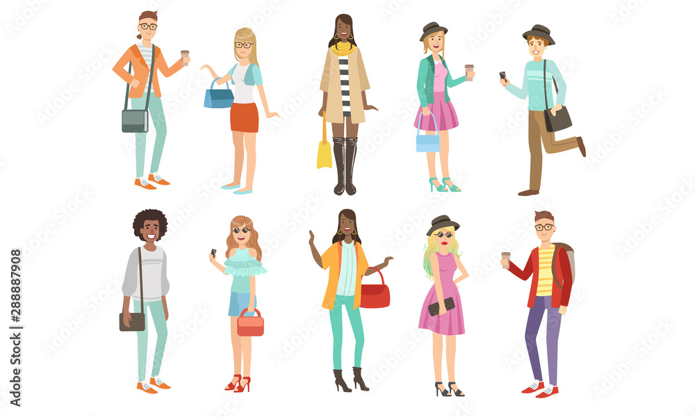 Young People in Fashion Clothes, harismatic Boys and Girls Characters Vector Illustration