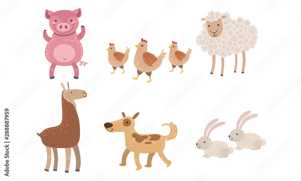 Cute Farm Animals Set, Pig, Sheep, Goose, Rabbit, Alpaca, Vector Illustration Cute Farm Animals Set, Pig, Sheep, Goose, Rabbit, Alpaca, Vector Illustration