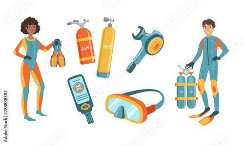 Snorkeling and Scuba Diving Elements Set, Scuba Diver Man and Woman Characters Dressed in Wetsuits with Equipment, Diving Mask, Oxygen Cylinders, Depth Gauge, Fins Vector Illustration