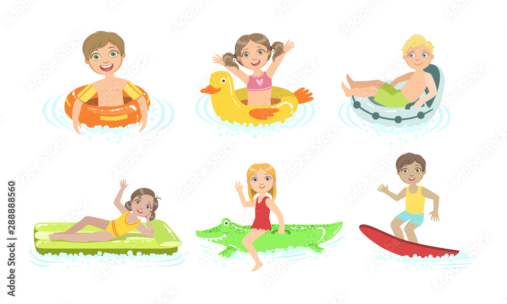 Kids Floating on Inflatable Toys in Pool, Children Having Fun in Water Vector Illustration Kids Floating on Inflatable Toys in Pool, Children Having Fun in Water Vector Illustration