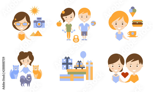 Happy Family Modern Lifestyle Icons Set  Travel  Holidays and Healthy Lifestyle Flat Vector Illustration