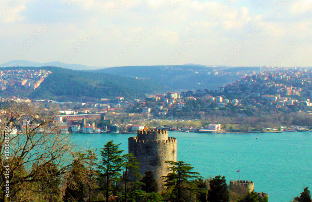 Istanbul Bosphorus view and Rumeli fortress from above