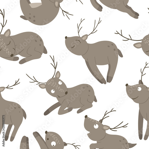 Vector seamless pattern of hand drawn flat funny deer in different poses. Cute repeat background with woodland animals. Cute animalistic ornament for children   s design. 