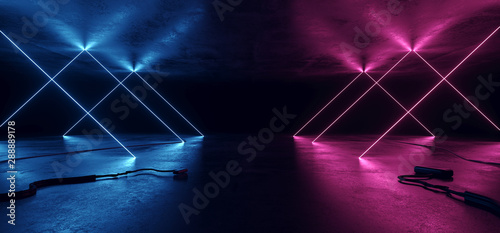 Sci Fi Neon Glowing Lights Blue Purple Shaped Lines Cables Plugs Floor Lasers Studio Stage Show Night Retro Futuristic Modern Background Empty Concrete Grunge Virtual Dark 3D Rendering