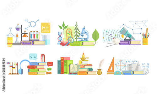 School Subjects Set, Chemistry, Biology, Astronomy, Foreign Language, Literature, Geometry Vector Illustration