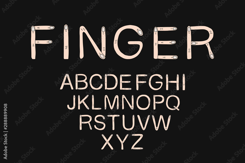 Finger hand drawn illustration lettering abc alphabet in comic cartoon style