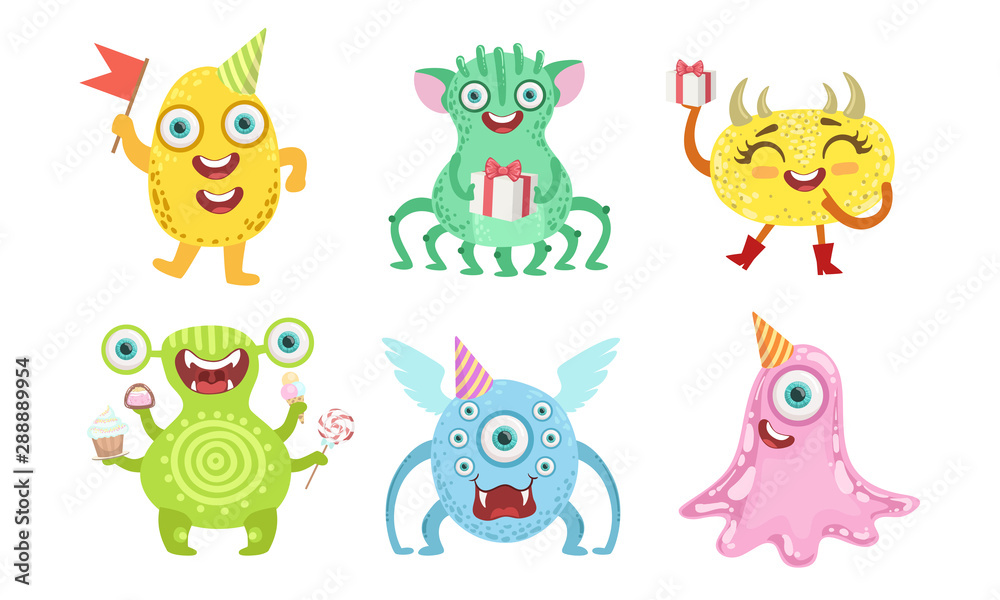 Fototapeta premium Cute Happy Monsters Set, Funny Friendly Colorful Mutant Characters, Childish Birthday Party Design Elements Vector Illustration