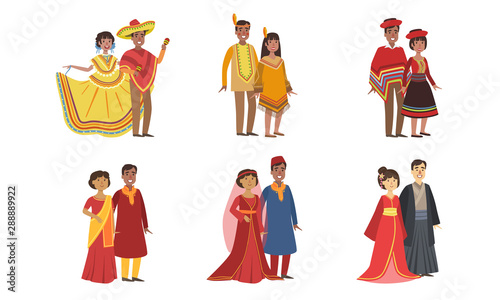 Men and Women Dressed Folk Costumes of Various Countries Set, Peru, Ameican Indian, Mexico, India, China, Japan, Vector Illustration