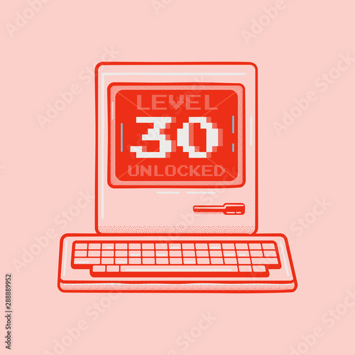 Happy 30th birthday graphic tee design for T-Shirts, posters, prints. Retro video gamers controller and quote - level 30 unlocked. Funny illustration for birthday decorations. Stock vector emblem