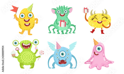 Cute Happy Monsters Set, Funny Friendly Colorful Mutant Characters, Childish Birthday Party Design Elements Vector Illustration