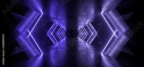 Fototapeta Naklejka Na Ścianę i Meble -  Neon Lasers Glowing Beam Sci Fi Futuristic Retro Vibrant Purple Blue Stage Showroom Tunnel Corridor Underground Grunge Concrete Reflective Empty Background 3D Rendering
