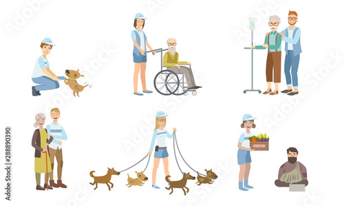 Volunteers at Work Set, Young Men and Women Walking Dog, Helping Disabled Person and Homeless, Supporting Elderly People Vector Illustration