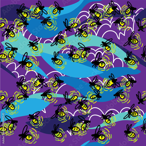 Seamless pattern with fireflies. Stylish designer print. Luminous insects against the sky.