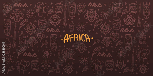 Hand draw doodles of Africa word. Colorful illustration. Background with lots of objects.