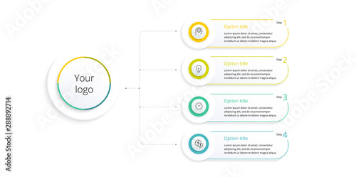 Business process chart infographics with 4 step options. Square corporate workflow graphic elements. Company flowchart presentation slide template. Vector info graphic design.