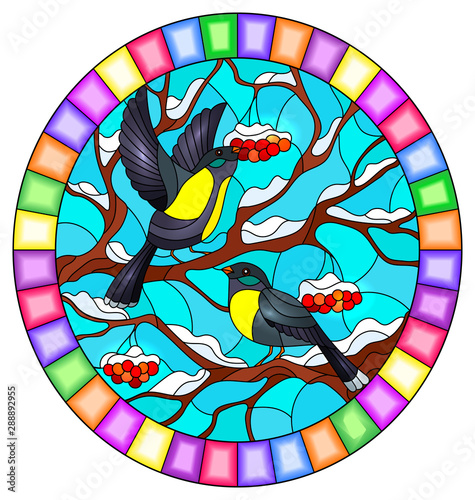 Illustration in stained glass style with a pair of great Tits birds on the branches of a Rowan tree on the background of snow, berries and sky, round image in bright fram