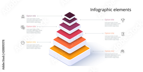 Business pyramid chart infographics with 6 steps. Pyramidal stages graph elements. Company hiararchy levels presentation template. Vector info graphic design.
