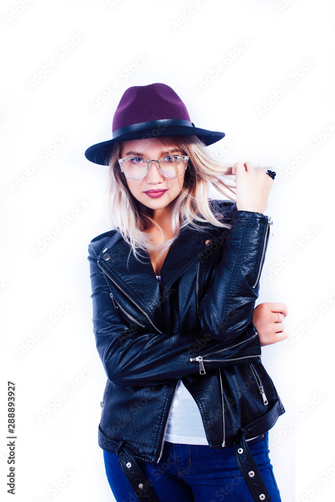 Fototapeta premium young pretty blond girl hipster in hat posing smiling happy isolated on white background, lifestyle people concept