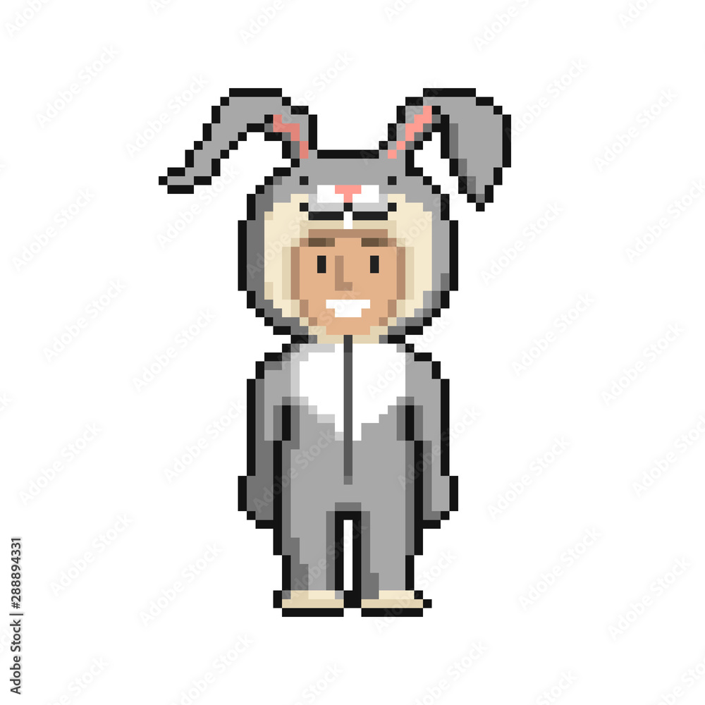 Сute cartoon kid in rabbit costume. Pixel art on white background. Vector illustration. Сute cartoon kid in rabbit costume. Pixel art on white background. Vector illustration.