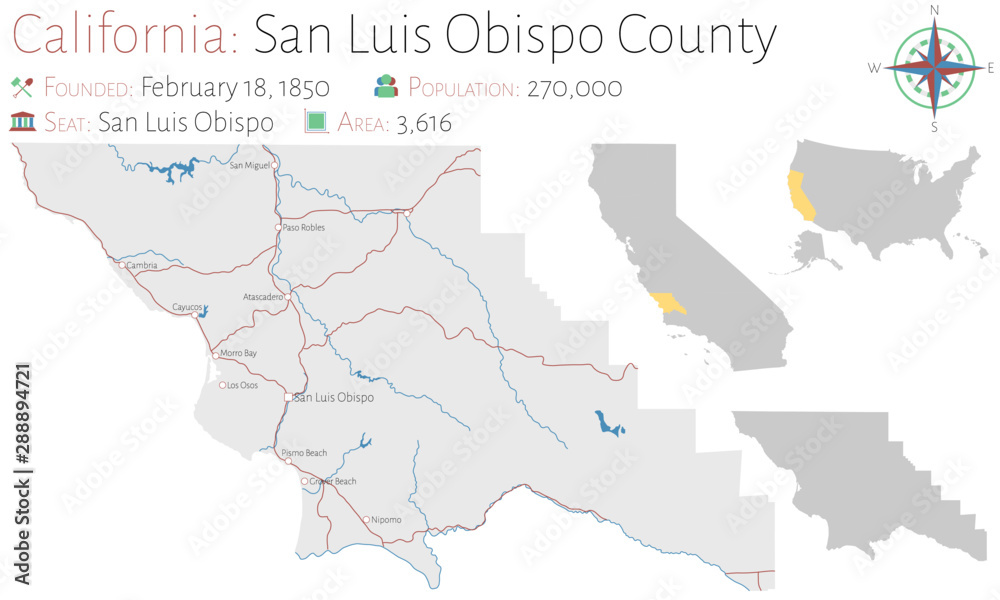 Large and detailed map of San Luis Obispo county in California, USA