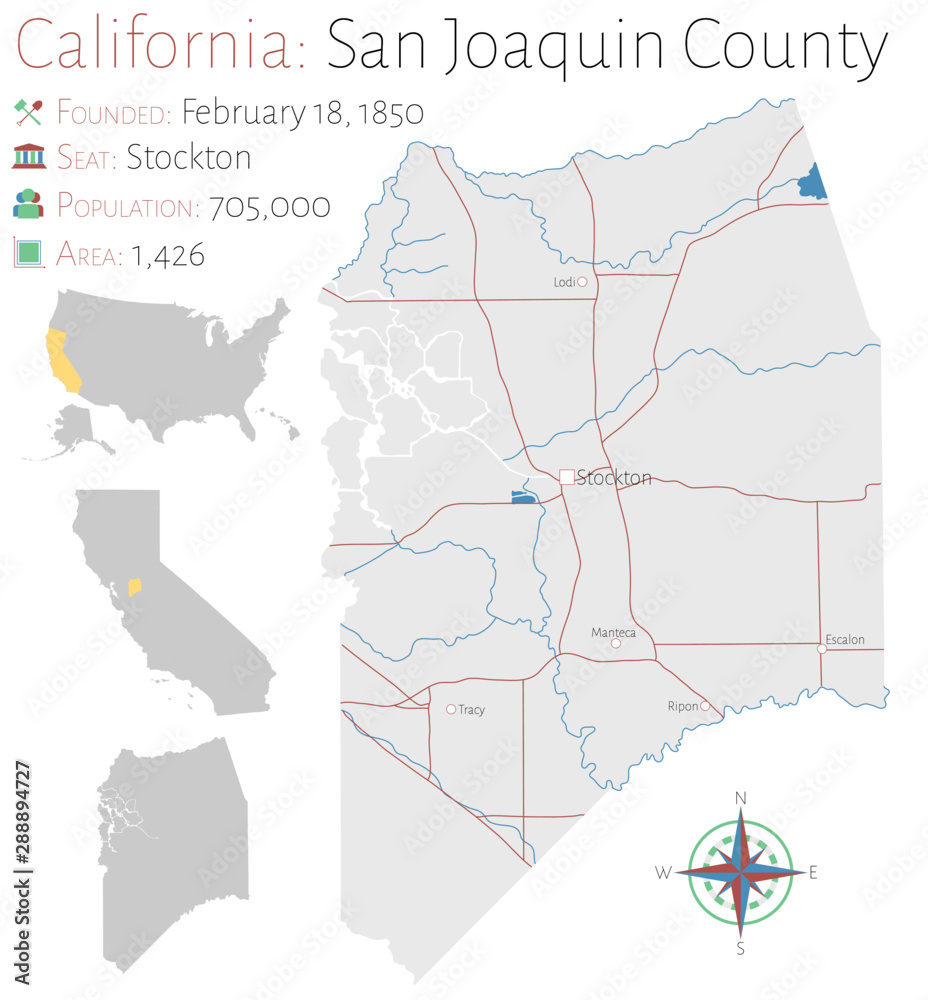 Large and detailed map of San Joaquin county in California, USA