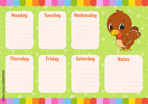 School schedule. Timetable for schoolboys. Empty template. Weekly planer with notes. Isolated color vector illustration. Funny character. Cartoon style.