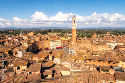 Panoramic view of Siena city in Italy with Piazza del Campo and the Torre del Mangia, Tuscany region, Italy