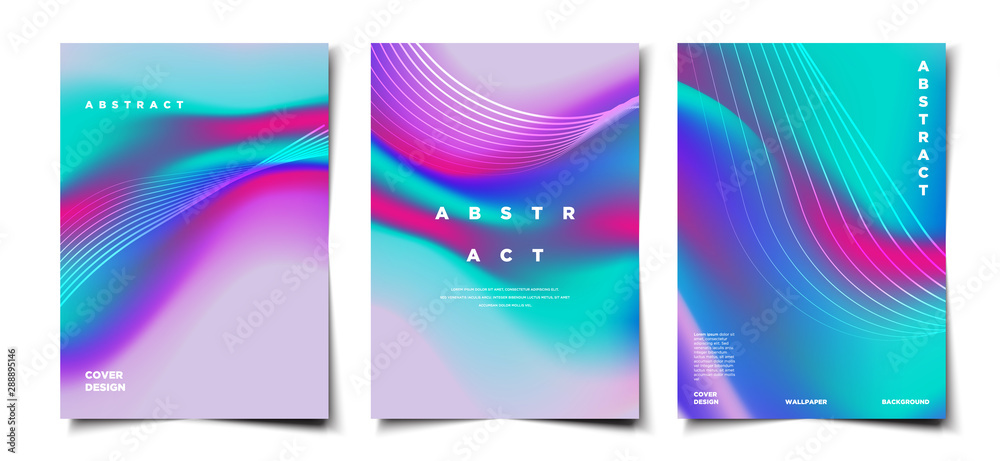 Set of abstract dynamic wavy neon flow and lines pattern background layout, cover, poster, wallpaper design template