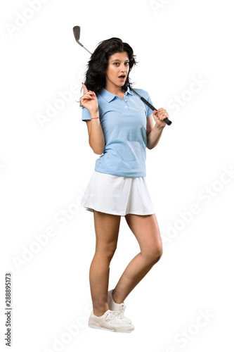 A full-length shot of a Young golfer woman intending to realizes the solution while lifting a finger up over isolated white background