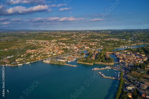 Beautiful view of the city of Peschiera del Garda, Italy. Aerial photography with drone.
