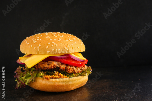 burger (roll, cutlets, cheese, lettuce, tomato, onion, sauce and more) menu concept. food background. copy space. Top view