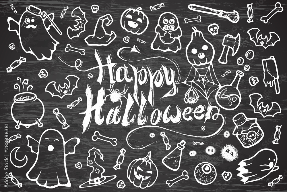 Fototapeta Hand-drawn set of many Halloween cartoon doodles.