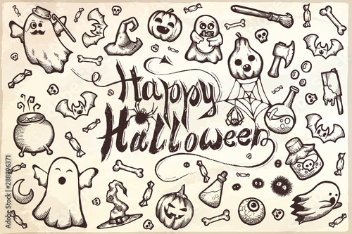 Fototapeta Naklejka Na Ścianę i Meble -  Hand-drawn set of many Halloween cartoon doodles.