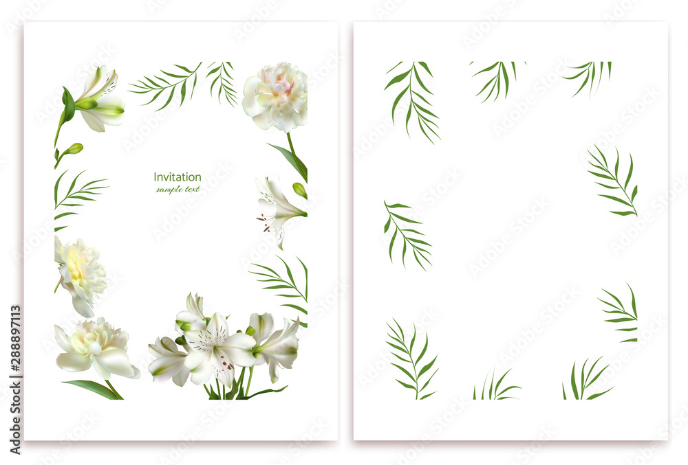 White flowers. Peonies. Floral background. Lilies. Green leaves.