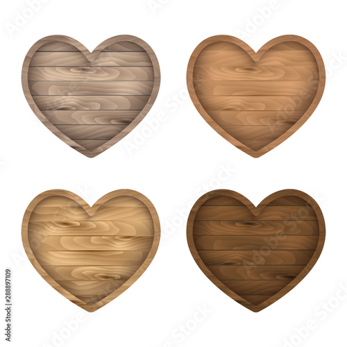 Wooden heart sign set. Vector realistic wood board, frame, badge, label, shield, signboard collection. Brown background for your text. 