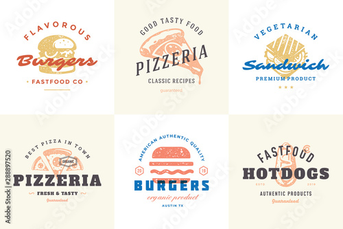 Engraving fast food logos and labels with modern vintage typography hand drawn style set vector illustration.
