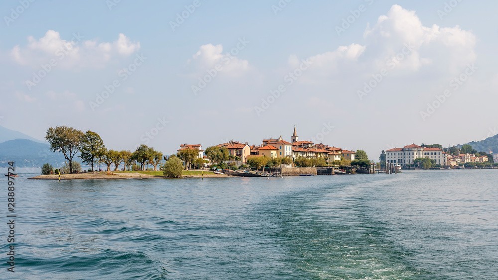 Beautiful panoramic view of the Borromean Islands (Isola Bella and Isola Superiore) in front of Baveno, Lake Maggiore, Italy