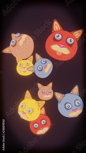 Yellow red blue brown spherical cats on dark background