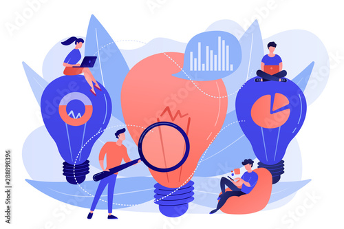 Big lightbulbs and business team working on solution. Business solution and support, problem solving and decision making concept on white background. Living coral blue vector isolated illustration
