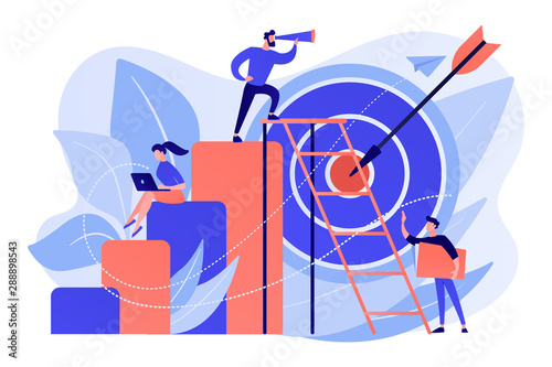 Businessman on top looking into telescope and employees. Business opportunity, bizopp and franchising, distribution concept on white background. Living coral blue vector isolated illustration