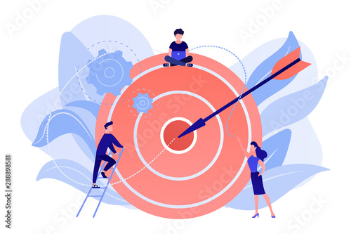 Businessmen working and woman at big target with arrow. Goals and objectives, business grow and plan, goal setting concept on white background. Living coral blue vector isolated illustration